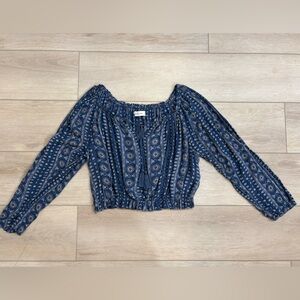 Abercrombie & Fitch Cropped Blue White Boho Top Small Cutout Long Sleeve Top